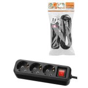 Удлинитель 3 гнезда, 1,5 метра, с/з, выкл., 10 А, 2300 Вт, черный, НАРОДНЫЙ У1-32055 (Ун1 321-0001)
